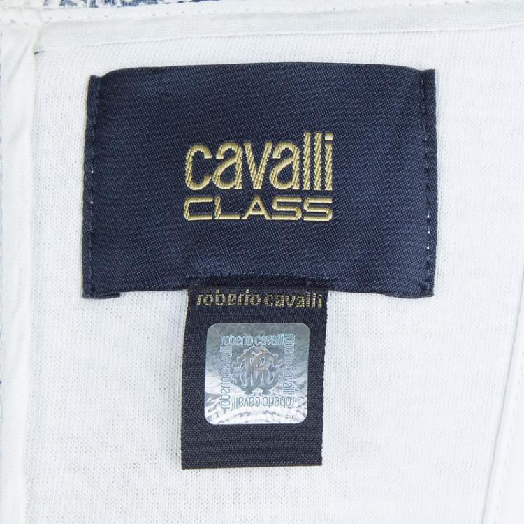 Pre Owned Class By Roberto Cavalli Navy Blue Contrast Lace Detail Floral Embroidered Sleeveless Dress S