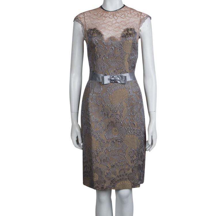 Pre Owned Class by Roberto Cavalli Multicolor Floral Brocade and Lace Belted Sleevless Dress M             