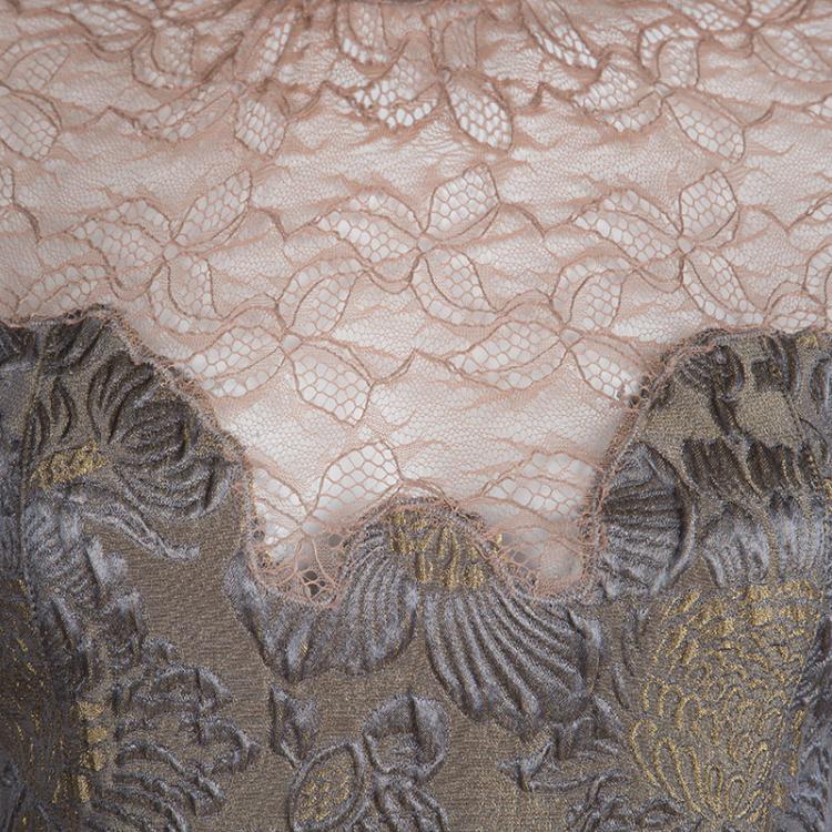 Pre Owned Class by Roberto Cavalli Multicolor Floral Brocade and Lace Belted Sleevless Dress M             
