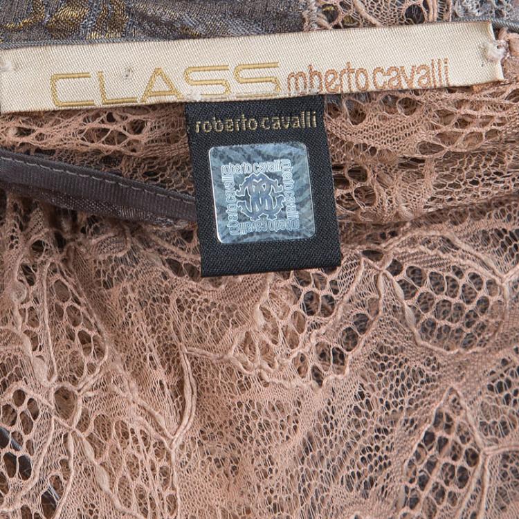 Pre Owned Class by Roberto Cavalli Multicolor Floral Brocade and Lace Belted Sleevless Dress M             