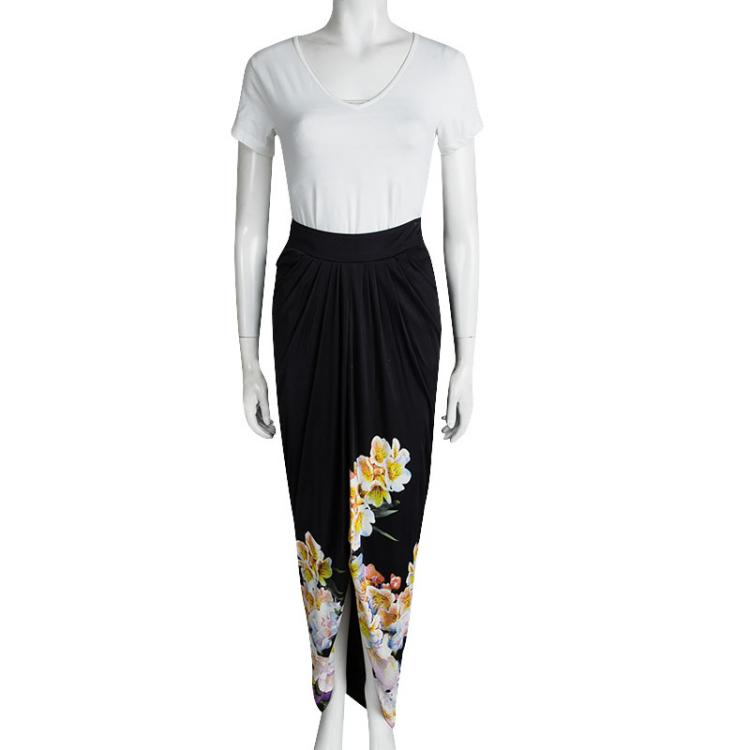 Pre Owned Class by Roberto Cavalli Navy Blue Floral Printed Knit Draped Maxi Skirt M