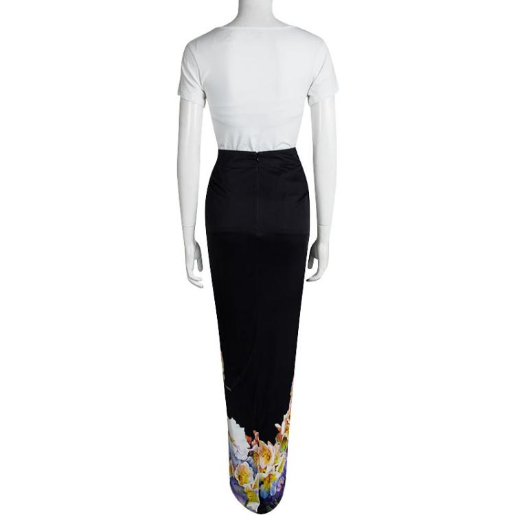 Pre Owned Class by Roberto Cavalli Navy Blue Floral Printed Knit Draped Maxi Skirt M