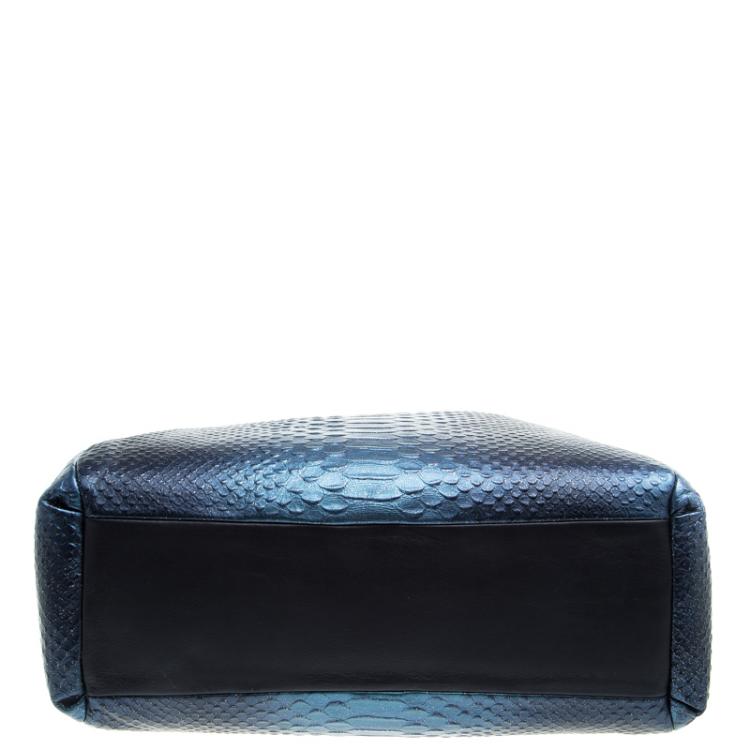 Pre Owned Coach Navy Blue Iridescent Python Embossed Leather Tote