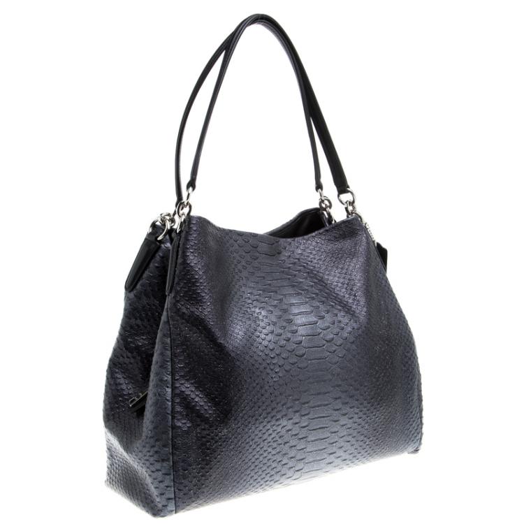 Pre Owned Coach Dark Grey Iridescent Python Embossed Leather Tote