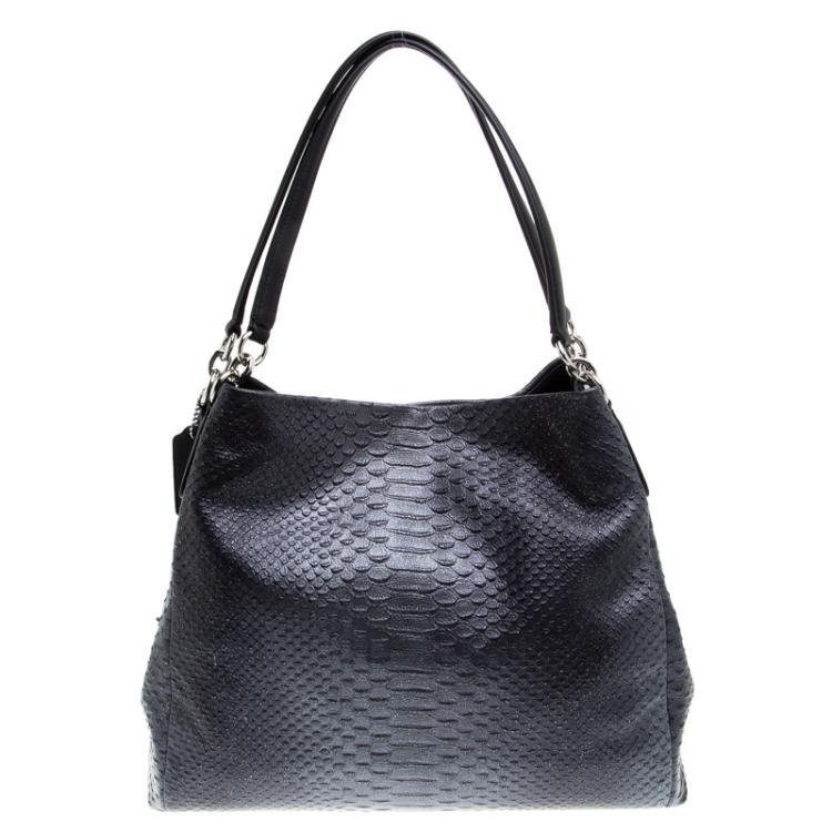 Pre Owned Coach Dark Grey Iridescent Python Embossed Leather Tote
