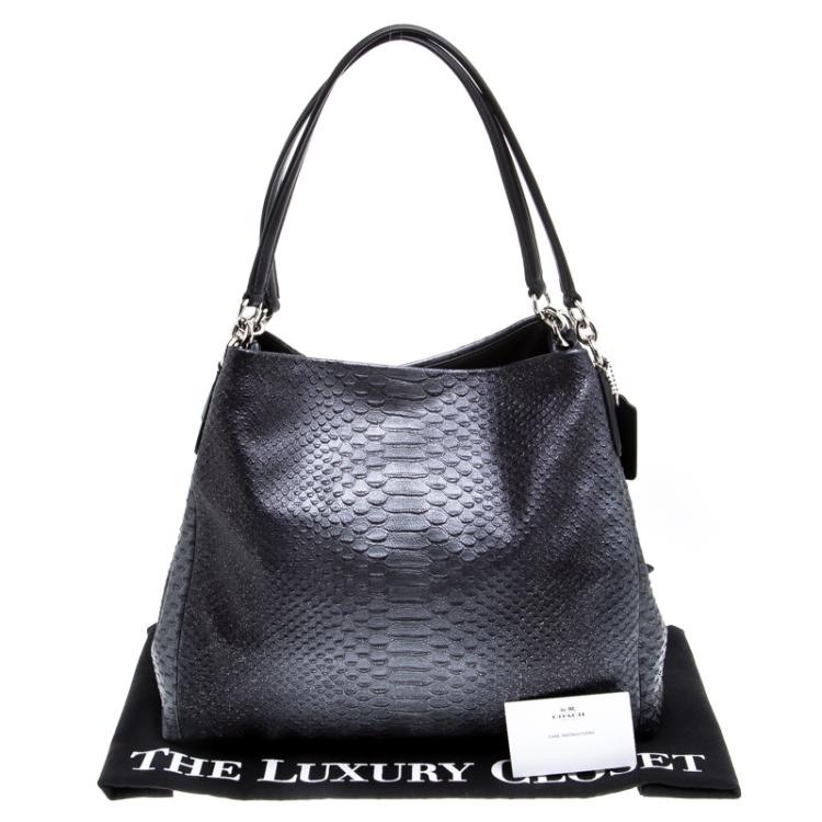 Pre Owned Coach Dark Grey Iridescent Python Embossed Leather Tote
