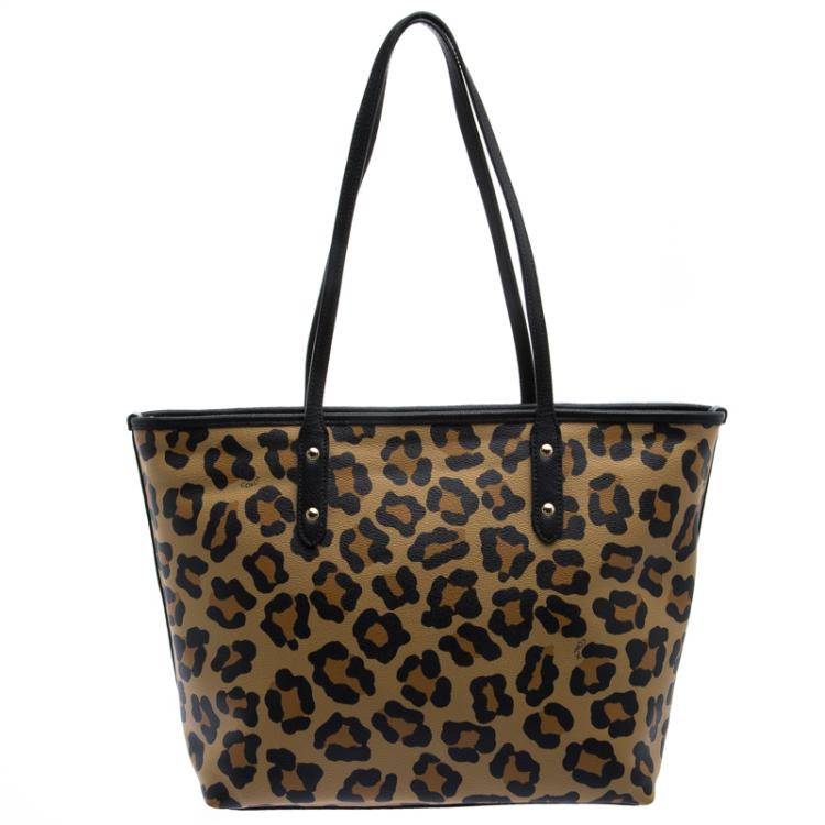 Pre Owned Coach Leopard Print Coated Canvas City Zip Tote