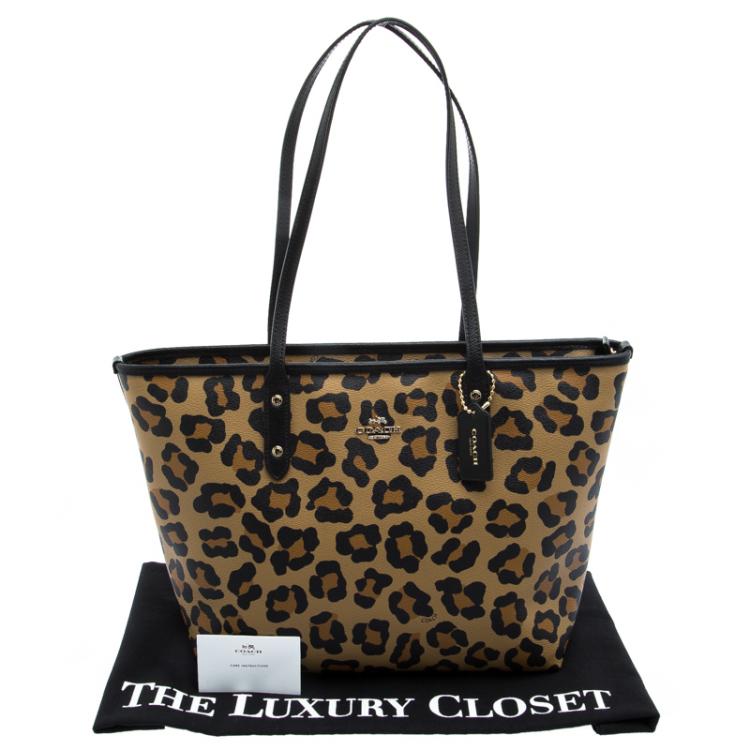 Pre Owned Coach Leopard Print Coated Canvas City Zip Tote