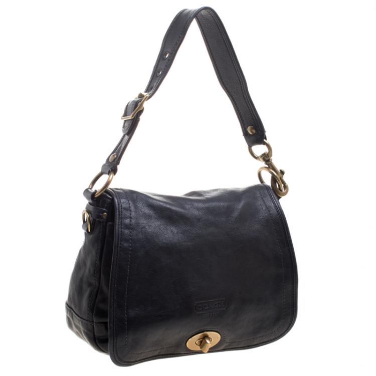 Pre Owned Coach Black Leather Flap Shoulder Bag