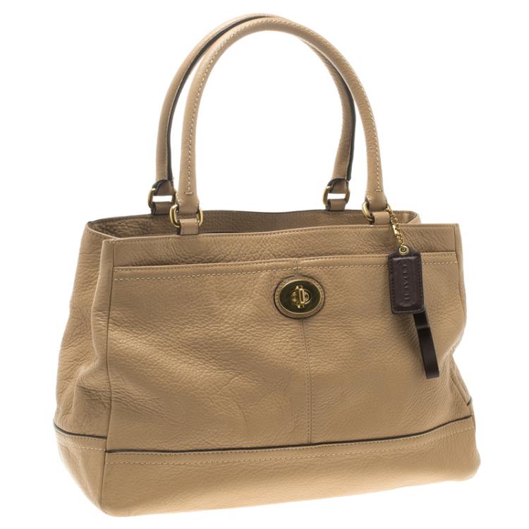 Pre Owned Coach Beige Leather Twist Lock Tote
