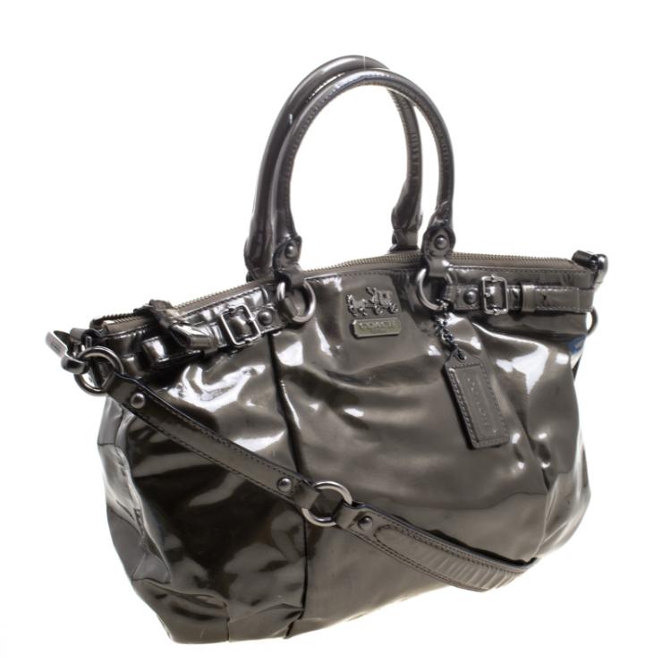 Pre Owned Coach Madison Metallic Olive Green Patent Leather Small Sophia Bag