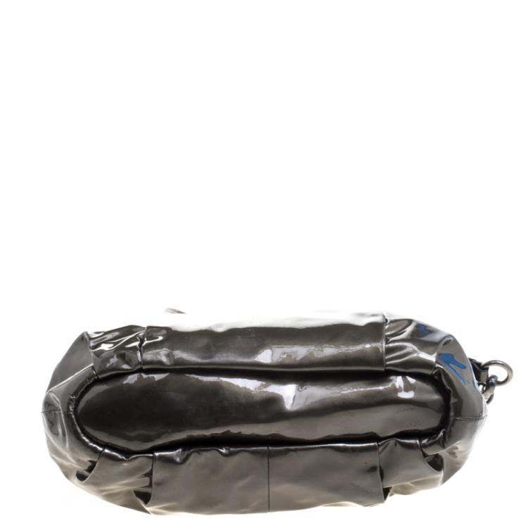 Pre Owned Coach Madison Metallic Olive Green Patent Leather Small Sophia Bag