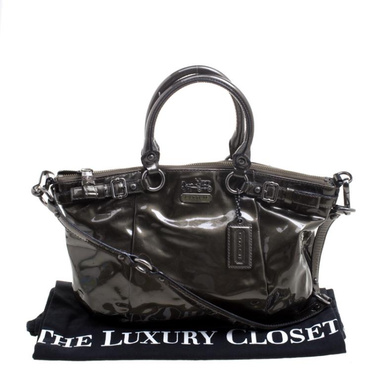 Pre Owned Coach Madison Metallic Olive Green Patent Leather Small Sophia Bag