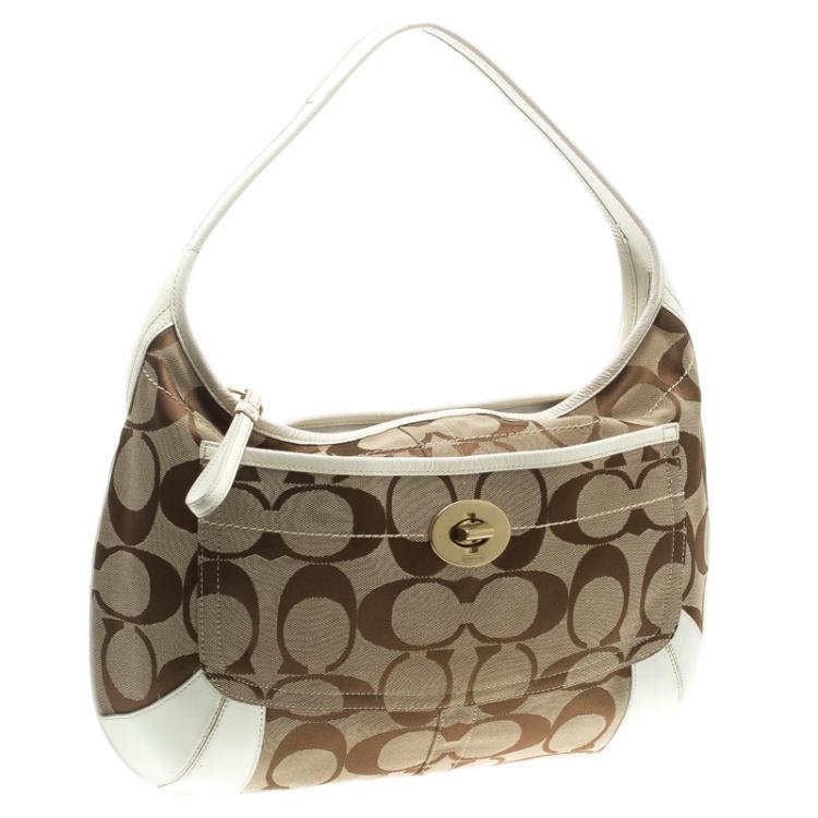 Pre Owned Coach Beige/White Signature Canvas Ergo Hobo
