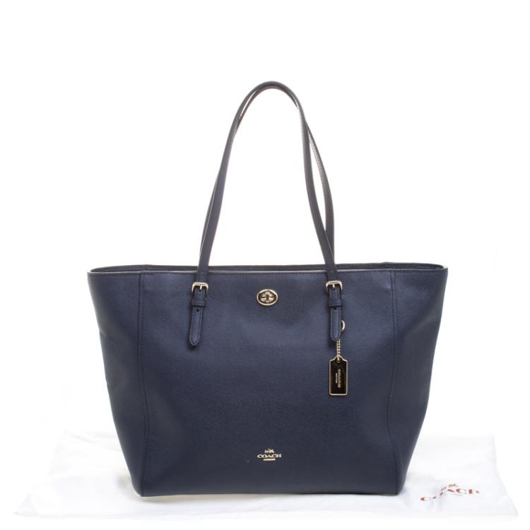 Pre Owned Coach Dark Blue Crossgrain Leather Turnlock Tote