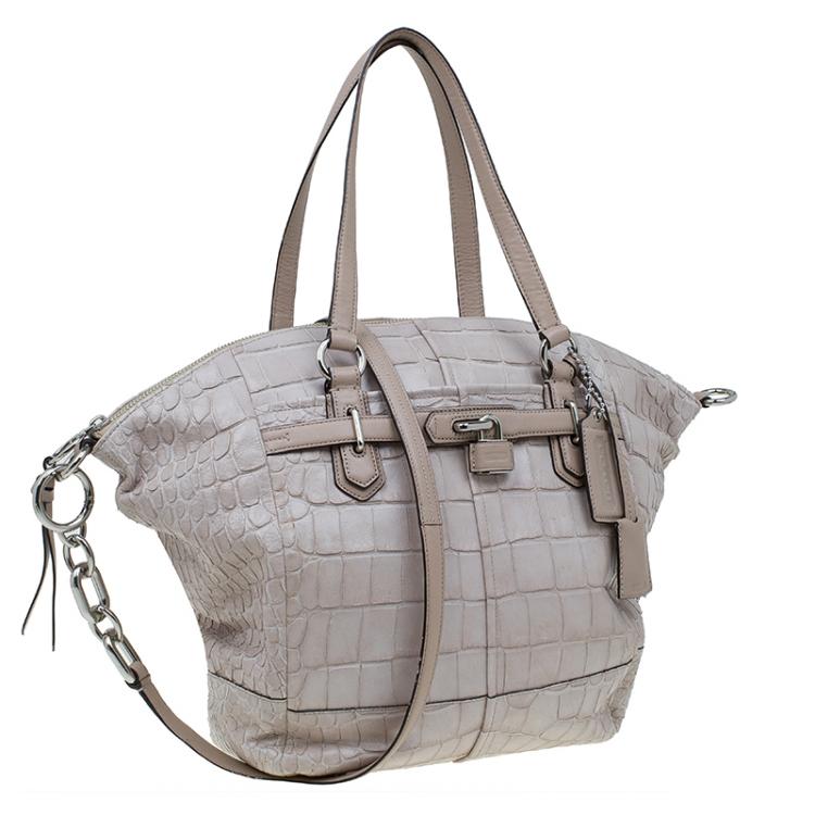 Pre Owned Coach Beige Croc Embossed Leather Shopper Tote