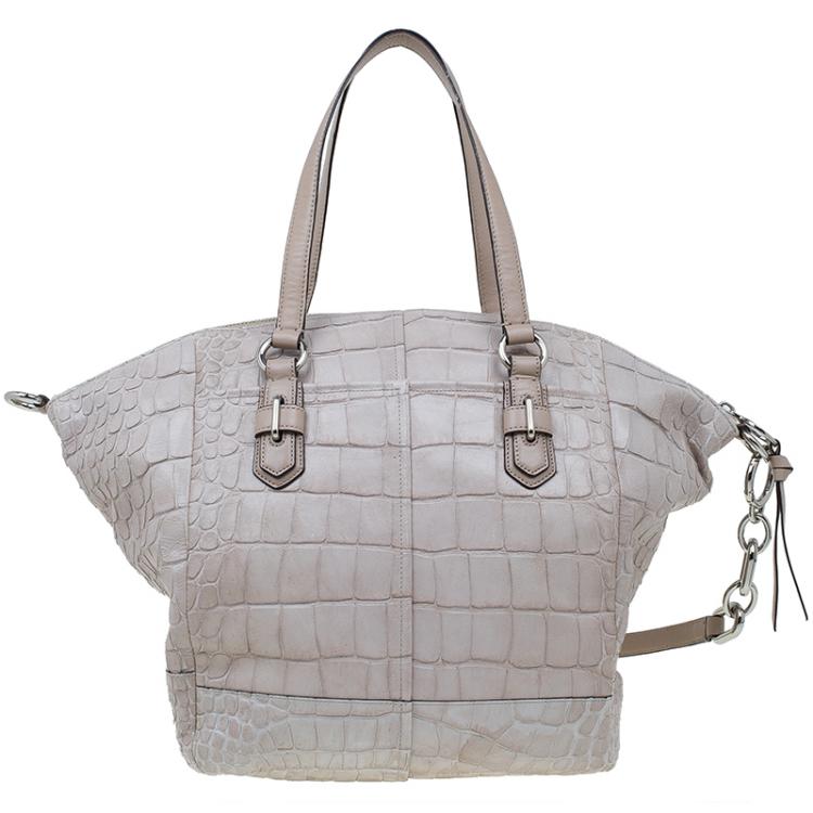 Pre Owned Coach Beige Croc Embossed Leather Shopper Tote