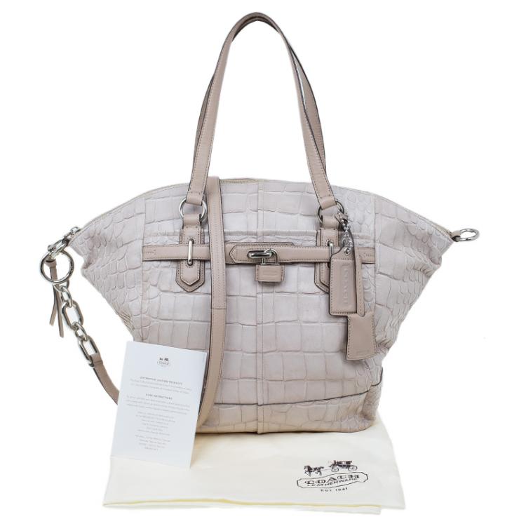 Pre Owned Coach Beige Croc Embossed Leather Shopper Tote