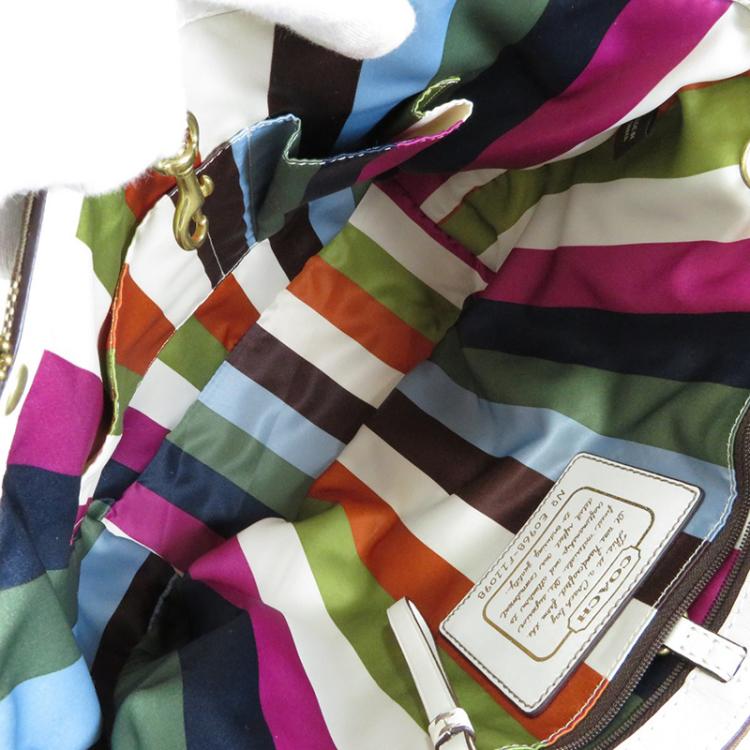 Pre Owned Coach Brown Signature Canvas White Stripe Tote