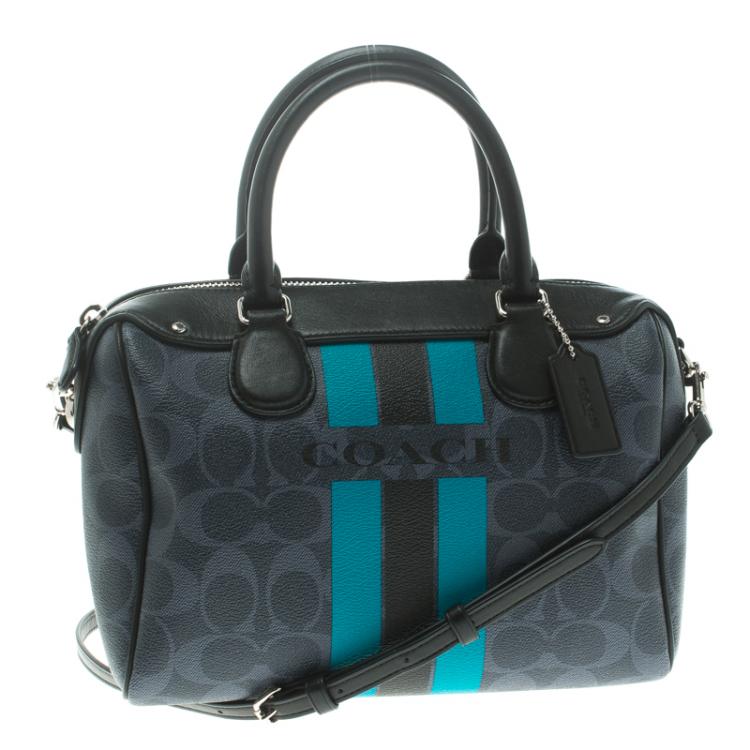 Pre Owned Coach Blue/Black Varsity Stripe Coated Canvas Mini Bennett Satchel