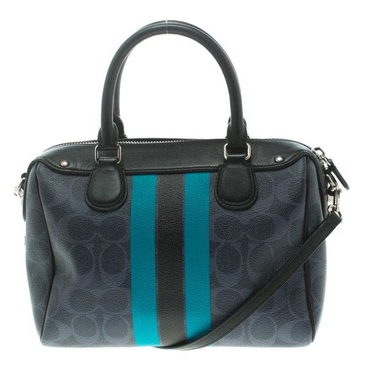 Pre Owned Coach Blue/Black Varsity Stripe Coated Canvas Mini Bennett Satchel