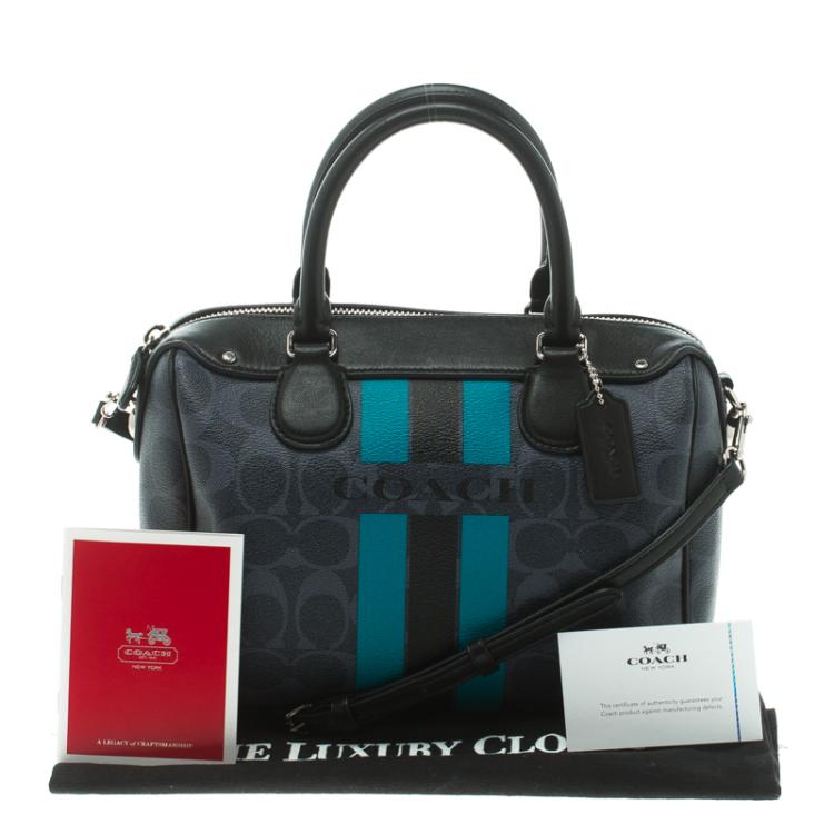 Pre Owned Coach Blue/Black Varsity Stripe Coated Canvas Mini Bennett Satchel