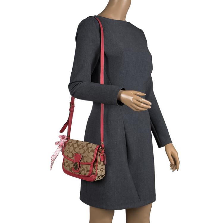 Pre Owned Coach Pink Leather and Canvas Signature Crossbody Bag