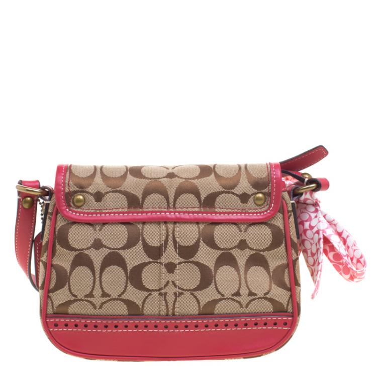 Pre Owned Coach Pink Leather and Canvas Signature Crossbody Bag