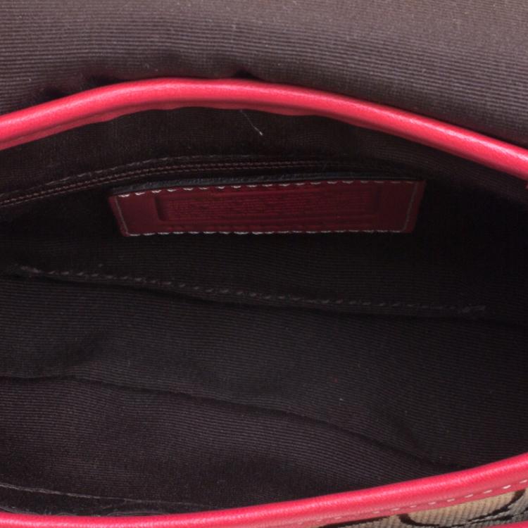 Pre Owned Coach Pink Leather and Canvas Signature Crossbody Bag