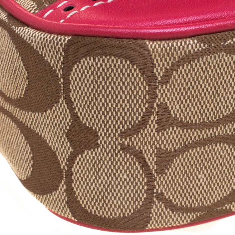 Pre Owned Coach Pink Leather and Canvas Signature Crossbody Bag