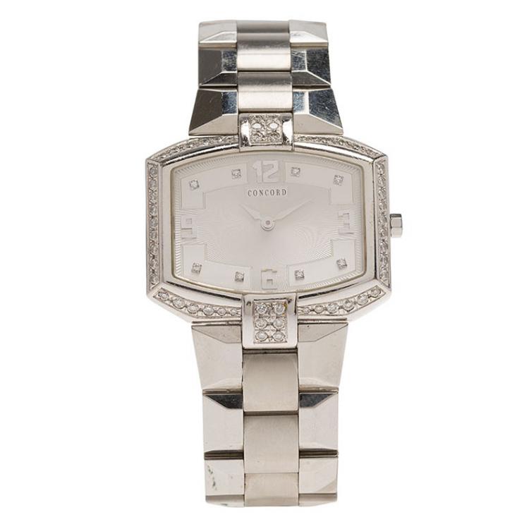 Pre Owned Concord Silver Stainless Steel La Scala Tonneau Horizontal Diamonds Women's Wristwatch 38MM