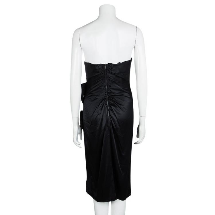 Pre Owned D&G Black Silk Embellished Fringed Scallop Lace Trim Detail Strapless Dress M