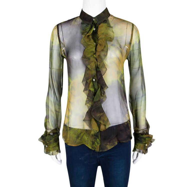 Pre Owned D&G Green Tie-Dye Printed Silk Ruffle Detail Blouse S