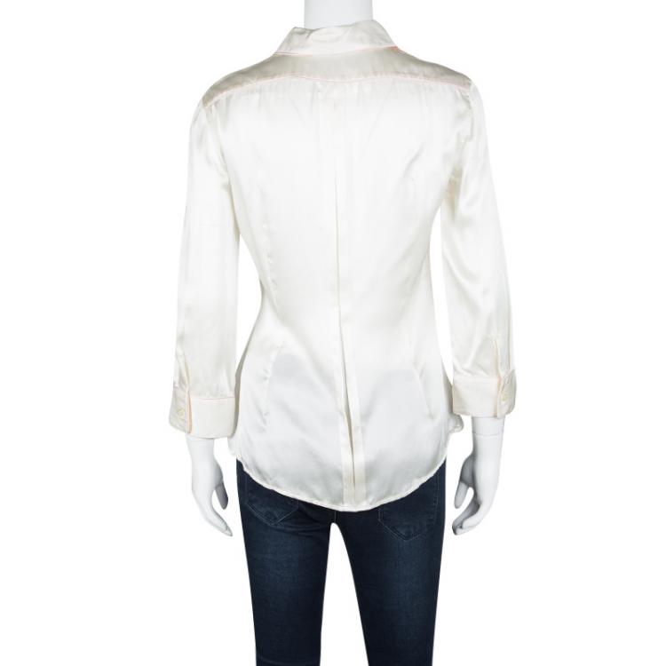 Pre Owned D&G Cream Silk Contrast Pintuck Detail Long Sleeve Shirt S
