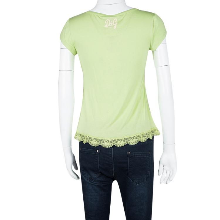 Pre Owned D&G Light Green Lace Insert Short Sleeve Top M