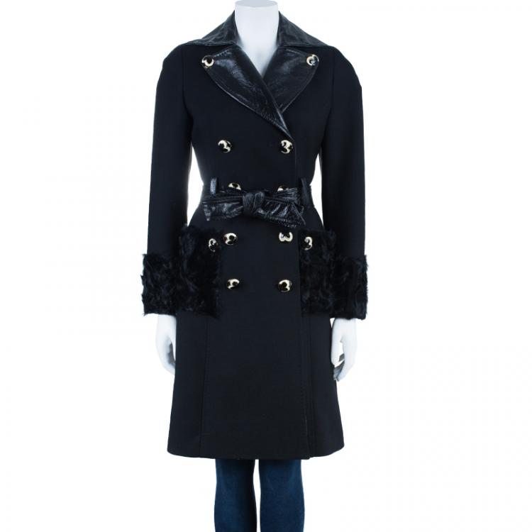 Pre Owned D and G Black Leather And Fur Trimming Coat S