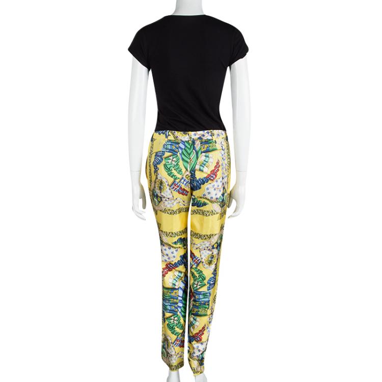 Pre Owned D & G Yellow Printed Silk Tapered Trousers M 