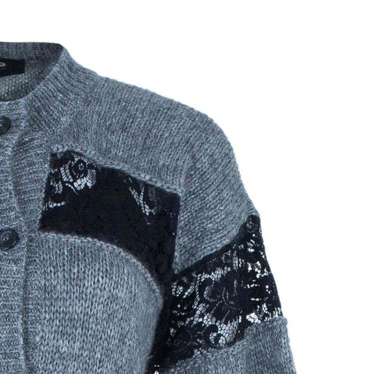 Pre Owned D&G Grey and Black Striped Lace Knit Cardigan M