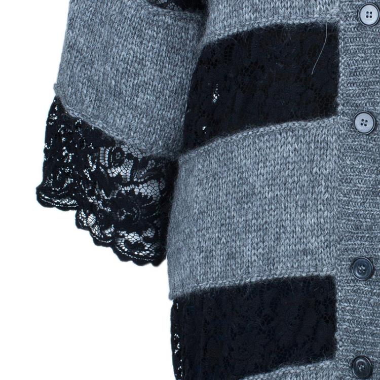 Pre Owned D&G Grey and Black Striped Lace Knit Cardigan M