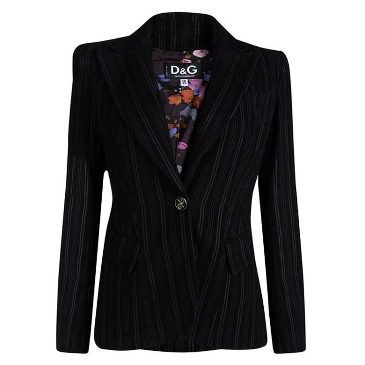 Pre Owned D&G Black Striped Notched Collar Floral Lining Blazer M
