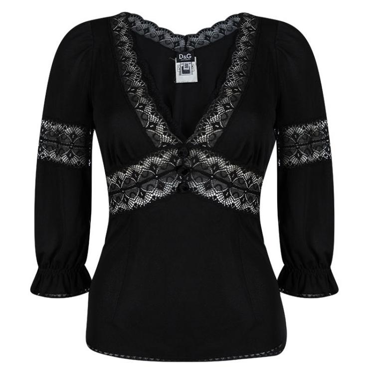 Pre Owned D&G Black Lace Detail Long Sleeve Top S