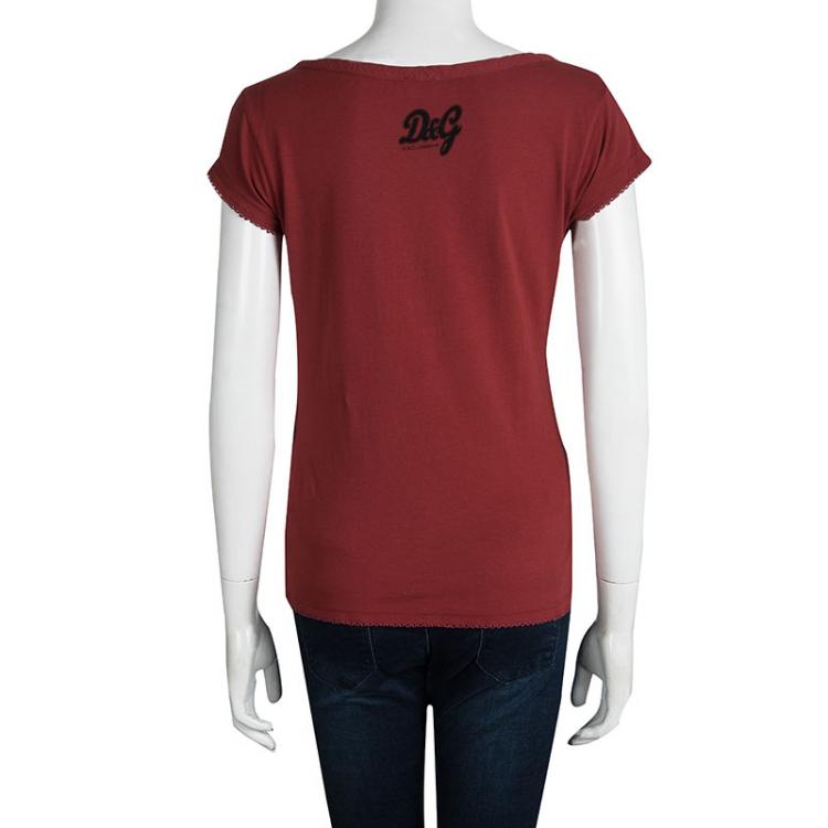Pre Owned D&G Red V-Neck Short Sleeve Button Detail Top M