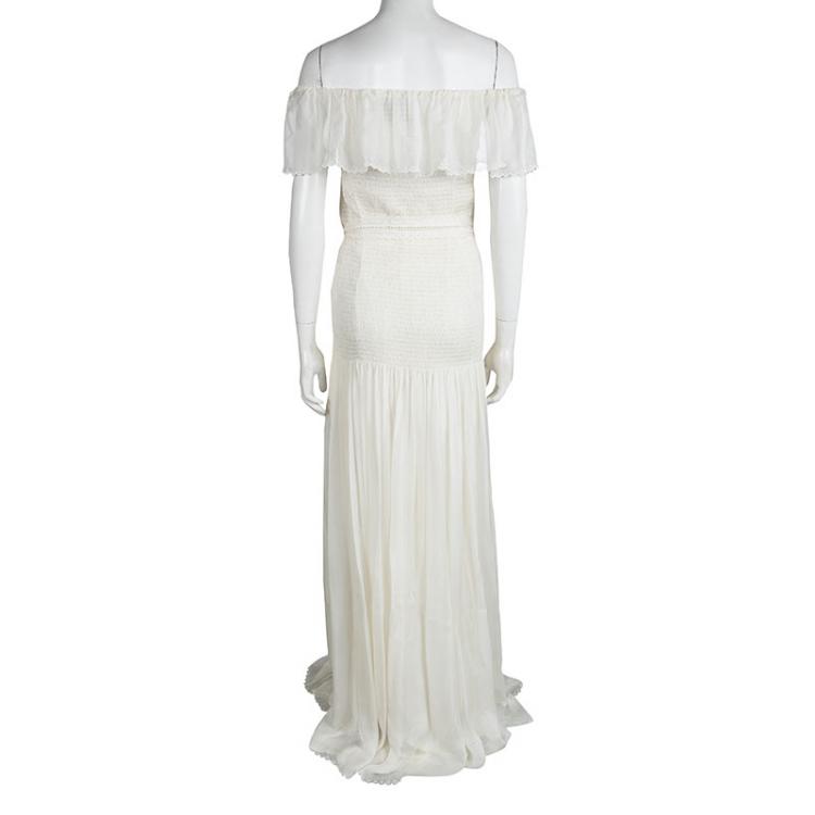 Pre Owned D & G Off White Silk Ruffle Detail Smocked Off Shoulder Maxi Dress M