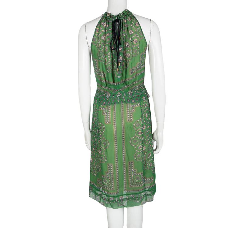 Pre Owned Derek Lam Green Printed Ruffle Detail Halter Dress S