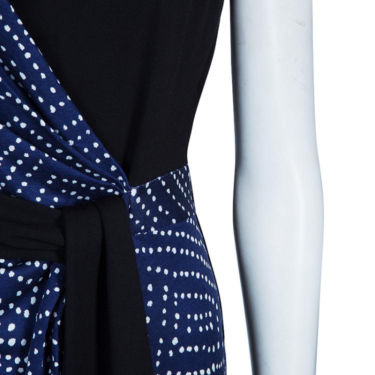 Pre Owned Diane Von Furstenberg Black and Blue Polka Dot Dalia Wrap Dress M