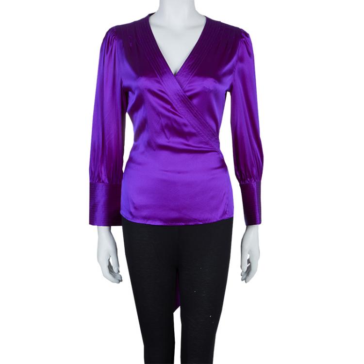 Pre Owned Diane Von Furstenberg Purple Silk Wraparound Long Sleeve Ariana Blouse L