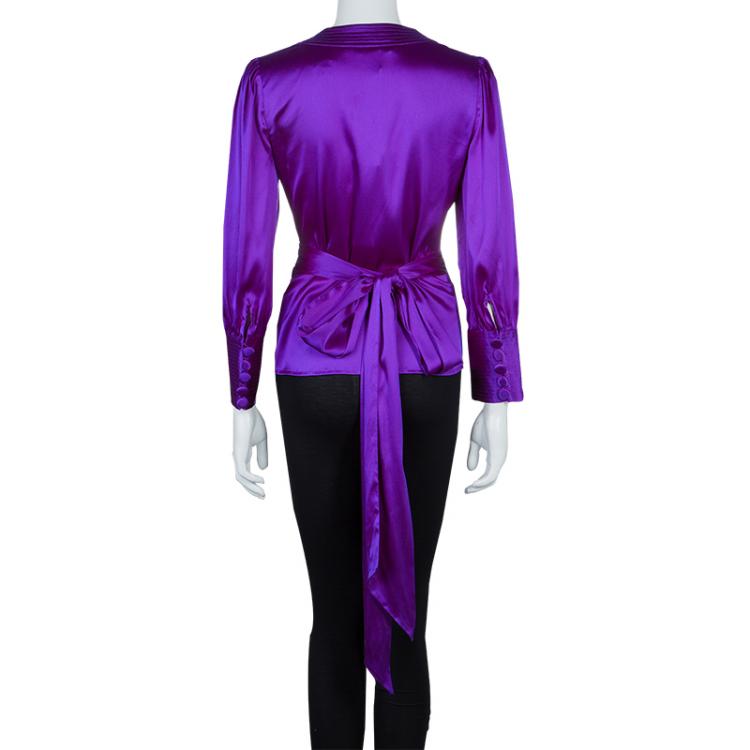 Pre Owned Diane Von Furstenberg Purple Silk Wraparound Long Sleeve Ariana Blouse L