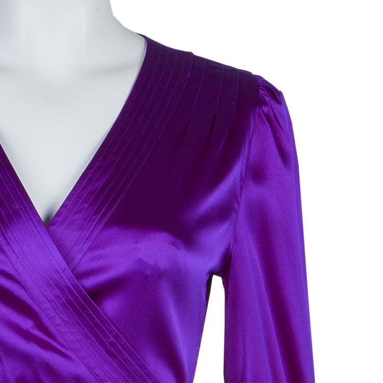Pre Owned Diane Von Furstenberg Purple Silk Wraparound Long Sleeve Ariana Blouse L