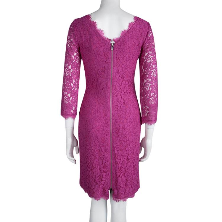 Pre Owned Diane Von Furstenberg Pink Zarita Lace Dress M