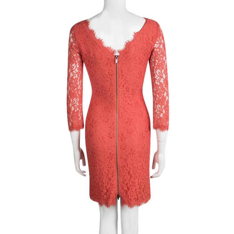 Pre Owned Diane Von Furstenberg Red Hot Coral Zarita Lace Dress S